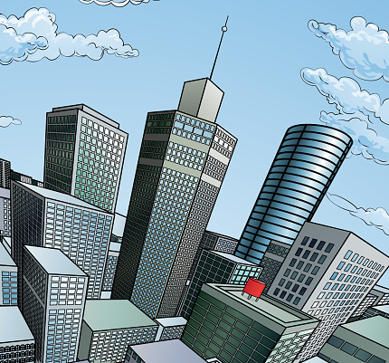 A city buildings cartoon pop art comic book style skyscraper background scene