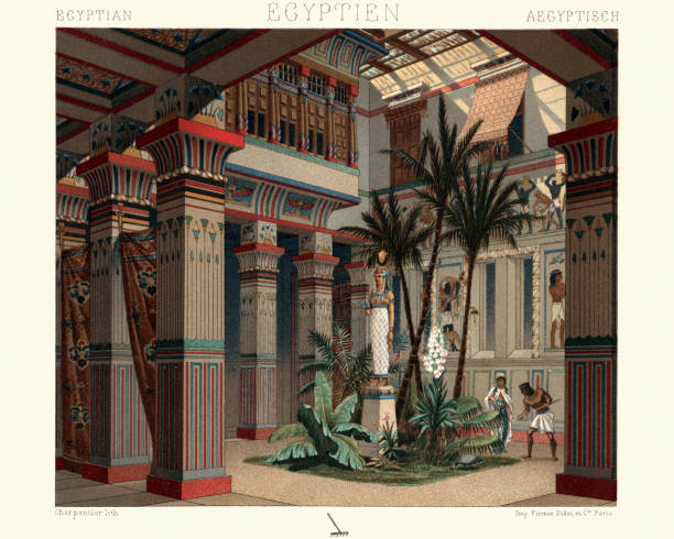 Ancient egypt - internal courtyard of a dwelling Vintage engraving of Ancient egypt - internal courtyard of a dwelling, 14th Century BC.  Le Costume Historique, Auguste Racinet ancient egyptian art stock illustrations