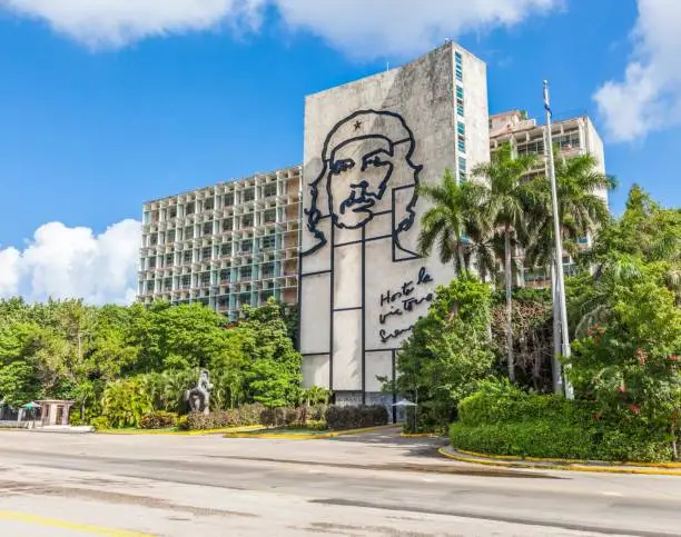 Havana, Cuba-07 October, 2017. Ministry of the Interior building with face of Che Guevara at the Revolution Square on October 07, 2017 in Havana, Cuba.