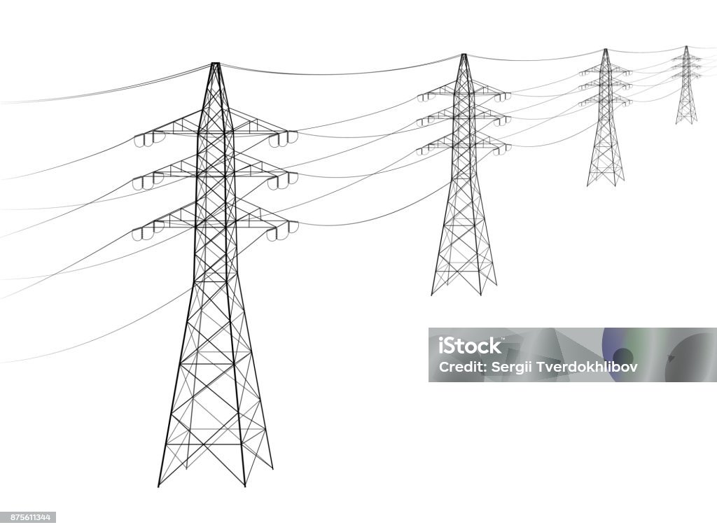 Línea de tendido eléctrico. Un número de electro-aleros saliendo en la distancia. Transmisión y suministro de electricidad. Adquisición de un artículo sobre el costo de energía eléctrica o construcción de líneas. - arte vectorial de Torres de telecomunicaciones libre de derechos