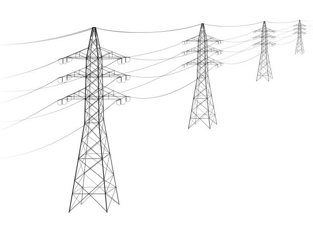 Overhead power line. A number of electro-eaves departing into the distance. Transmission and supply of electricity. Procurement for an article on the cost of electricity or construction of lines. Overhead power line. A number of electro-eaves departing into the distance. Transmission and supply of electricity. Procurement for an article on the cost of electricity or construction of lines. Black and white. electricity illustrations stock illustrations