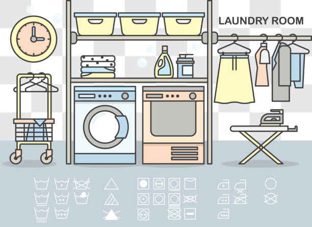 illustrazioni stock, clip art, cartoni animati e icone di tendenza di servizio lavanderia - iron laundry cleaning ironing board