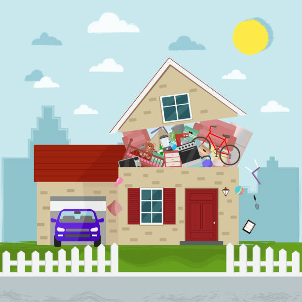 The concept of excessive consumption. House bursting of stuff. Vector illustration. Flat design. greed stock illustrations