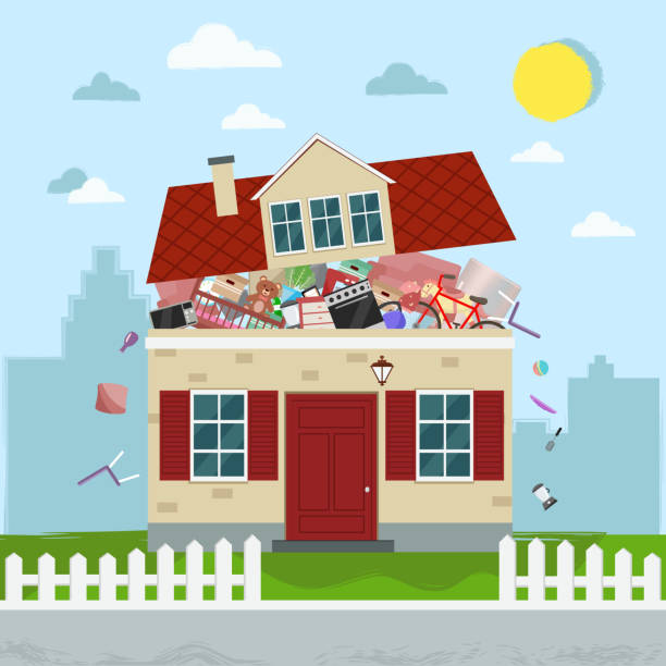 The concept of excessive consumption. House bursting of stuff. Vector illustration. Flat design. belongings stock illustrations