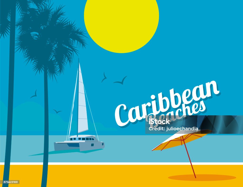 caribbean beaches illustration of Caribbean beach with sea background and sailboat Catamaran stock vector