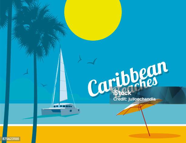 Caribbean Beaches Stock Illustration - Download Image Now - Catamaran, Beach Umbrella, Vector