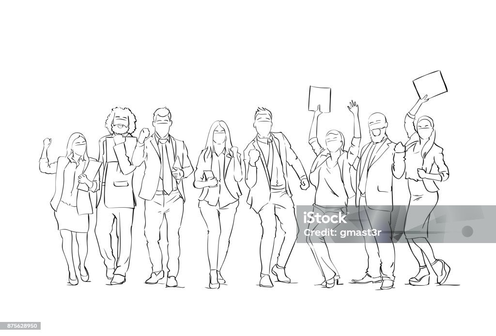 Cheerful Silhouette Business People Group Sketch Happy Businesspeople Team With Raised Hands On White Background Cheerful Silhouette Business People Group Sketch Happy Businesspeople Team With Raised Hands On White Background Vector Illustration Sketch stock vector