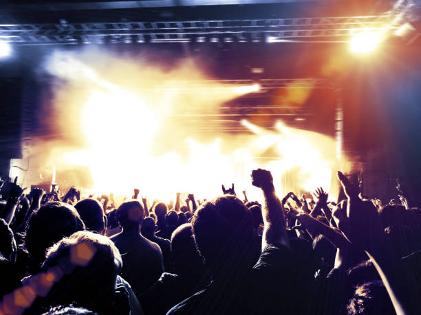 istock Live music shot with fans raising hands 875629752