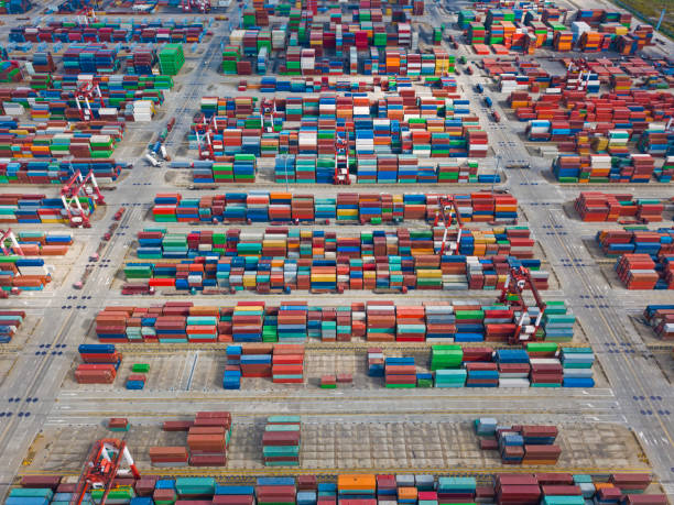 istock Aerial view of container port 875641474