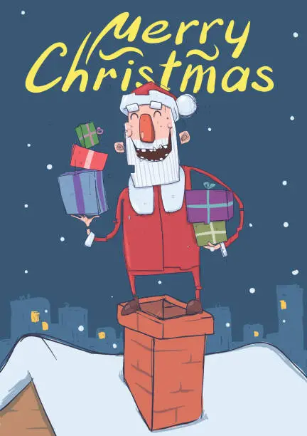 Vector illustration of Christmas card with funny smiling Santa Claus. Santa with presents in the boxes up on a chimney on snowy night city background. Vertical vector illustration. Cartoon character. Lettering. Copy space.