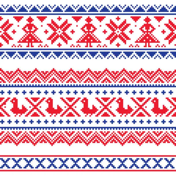 Vector illustration of Sami band or belrd vector design, Lapland cross-stitch vector pattern, folk art Scandinavian, Nordic style