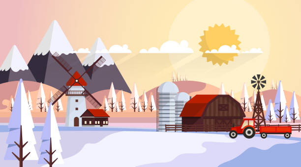 bildbanksillustrationer, clip art samt tecknat material och ikoner med vacker natur vinter jordbruks landsbygden vektorillustration landskap - skog sverige