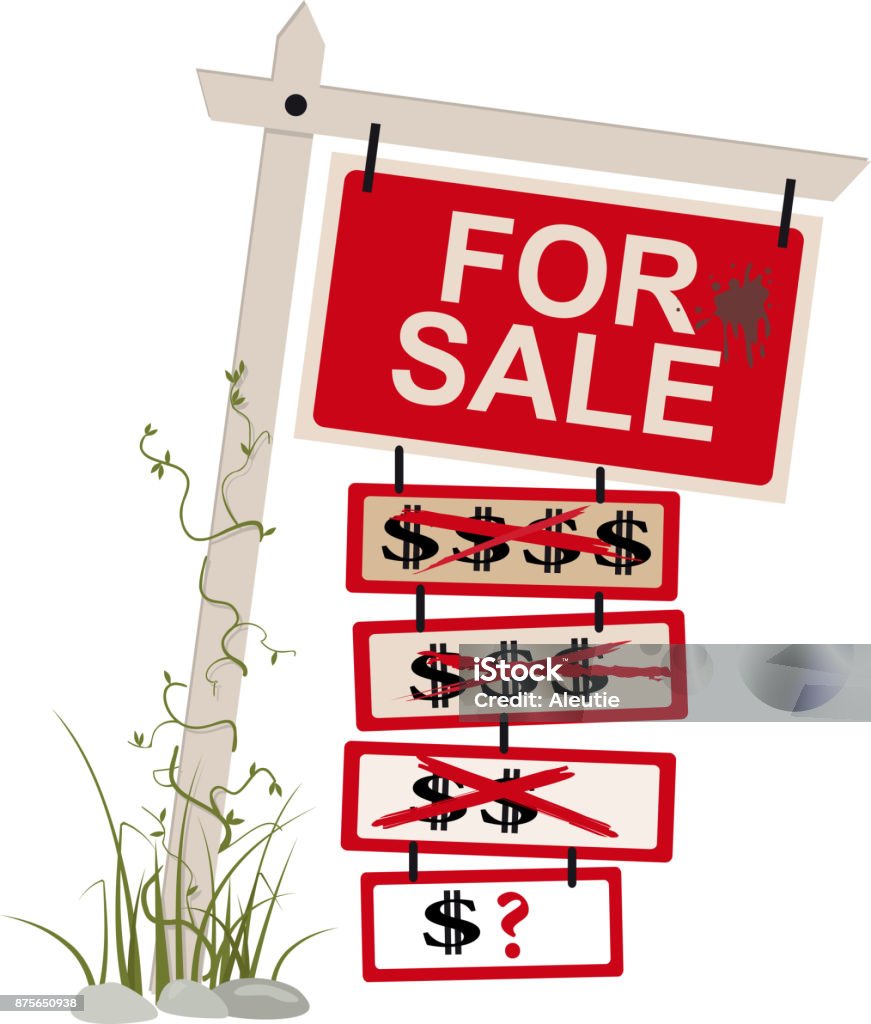 Price reduced "For sale" sign with multiple tags showing a reduced price, EPS 8 vector illustration, isolated Collapsing stock vector