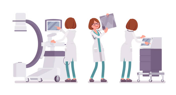 여성 의사 x 선으로 검사 - doctor vector radiologist characters stock illustrations