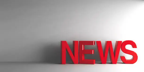 Red word News on grey background, three-dimensional rendering, 3D illustration