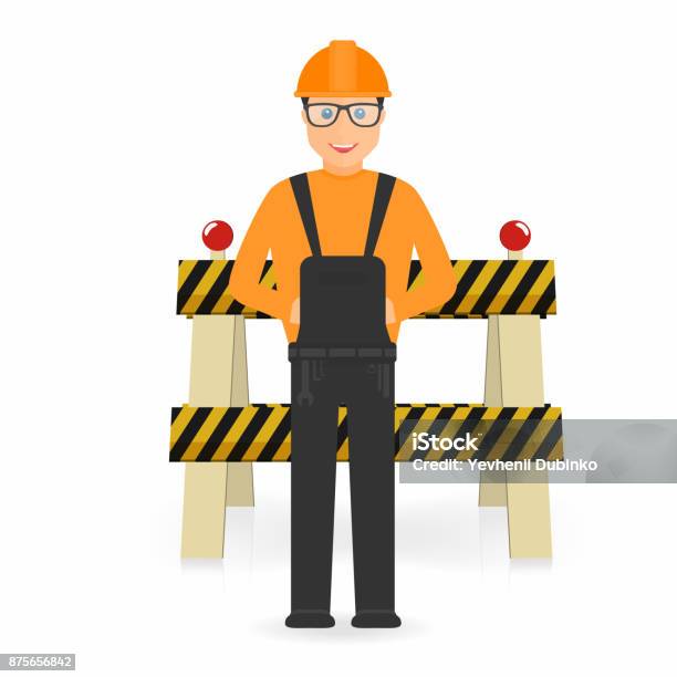 Builder In Overall And In Hard Hat Under Construction Barrier On Background  Builder At Work On Construction Site Stock Illustration - Download Image  Now - iStock