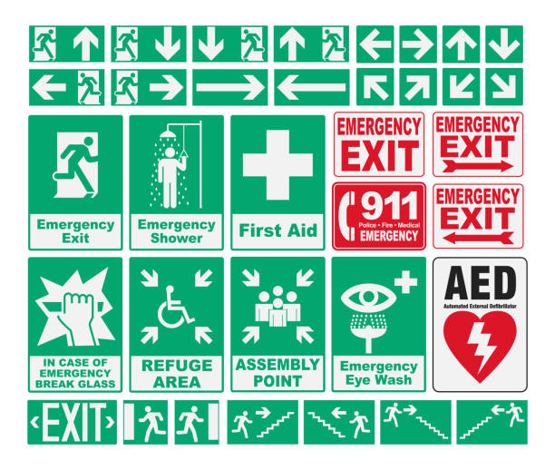 ilustrações de stock, clip art, desenhos animados e ícones de emergency evacuations sings - emergency exit