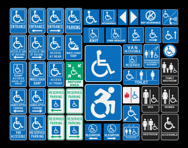 illustrazioni stock, clip art, cartoni animati e icone di tendenza di segni di handicap - accessibility sign disabled sign symbol