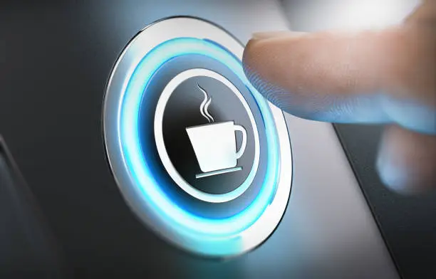 Finger pressing a coffee machine button with a cup icon. Break concept. Composite between a photography and a 3D background. Horizontal image