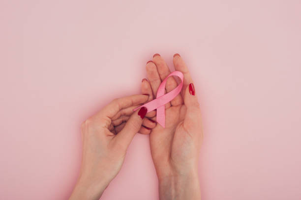istock hands with Breast cancer awareness ribbon 875677874
