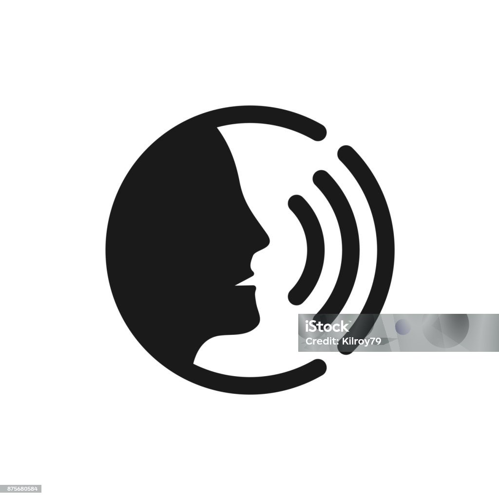 Voice command control with sound waves icon Voice command control with sound waves icon. Black man head silhouette speaking symbol. Voice stock vector