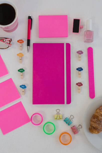 istock Female accessories, stationery and coffee on wooden surface 875685130
