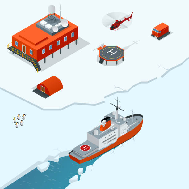 ilustraciones, imágenes clip art, dibujos animados e iconos de stock de la estación antártida isométrica o polar con edificios, torre de medición de la investigación meteorológica, vehículos, helipuerto y rompehielos. - arctic station snow science