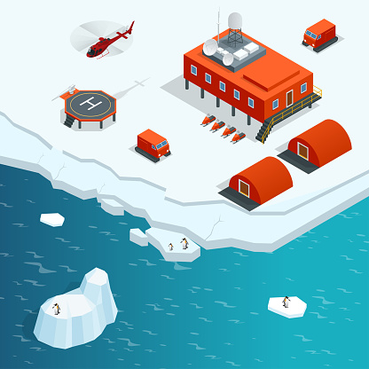Isometric Antarctica station or polar station with buildings, meteorological research measurement tower, vehicles, helipad Vector Illustration.