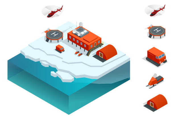 illustrazioni stock, clip art, cartoni animati e icone di tendenza di stazione isometrica antartica o stazione polare con edifici, torre di misurazione della ricerca meteorologica, veicoli, eliporto. - arctic station snow science