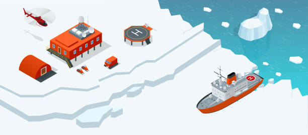 ilustraciones, imágenes clip art, dibujos animados e iconos de stock de la estación antártida isométrica o polar con edificios, torre de medición de la investigación meteorológica, vehículos, helipuerto y rompehielos. - arctic station snow science