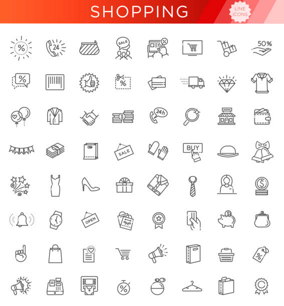 очерты коллекции иконок - черная пятница большая распродажа - shopping mall retail shopping sale stock illustrations