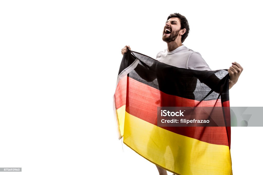 German male athlete / fan celebrating on white background Sport collection Adult Stock Photo