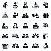 A set of courtroom related icons. The icons include lawyers, criminals, police officer, juries, judge, courthouse and a gavel to name a few.