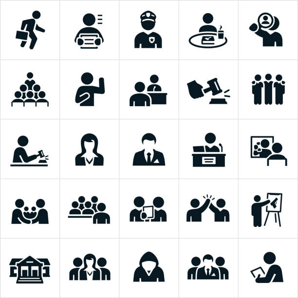 Courtroom Icons A set of courtroom related icons. The icons include lawyers, criminals, police officer, juries, judge, courthouse and a gavel to name a few. lawyer icons stock illustrations