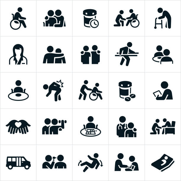 Nursing Home Icons An icon set of nursing home themes. The icons show many different patients in different environments and scenarios. medical supplies wheelchair medical equipment nursing home stock illustrations