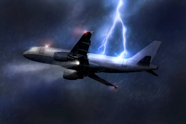passenger airplane being hit by a lightning in a storm mid air passenger airplane being hit by a lightning in a storm mid air airplane crash photos stock pictures, royalty-free photos & images