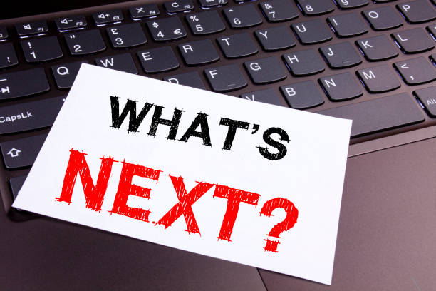 istock Question What's Next writing text made in the office close-up on laptop computer keyboard. Business concept for What is Next Self-Development Improvement Love on the black background with copy space 875708112