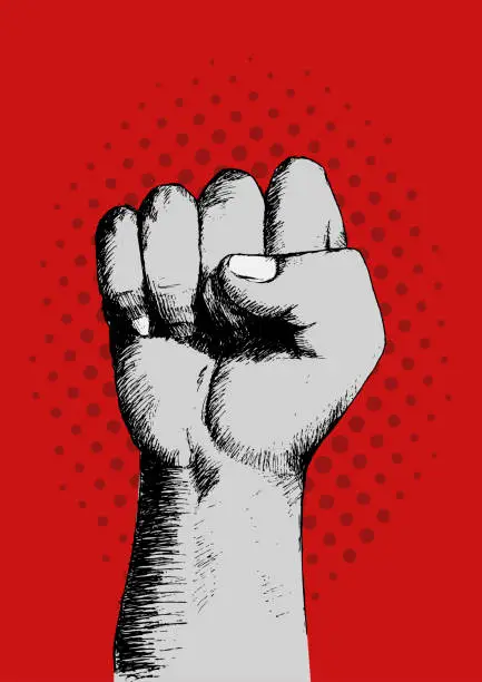 Vector illustration of Sketch of a right fist on red background