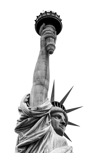 Detailed black and white image of the Statue of Liberty isolated on white