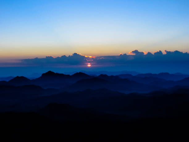 Sunrise in Mount Sinai Sunrise in the holy summit of Mount Sinai, Aka Jebel Musa, 2285 meters, in Sinai Peninsula in Egypt. Copy space. jebel hafeet stock pictures, royalty-free photos & images