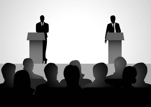 Two men figure debating on podium Silhouette illustration of two men figure debating on podium politician stock illustrations