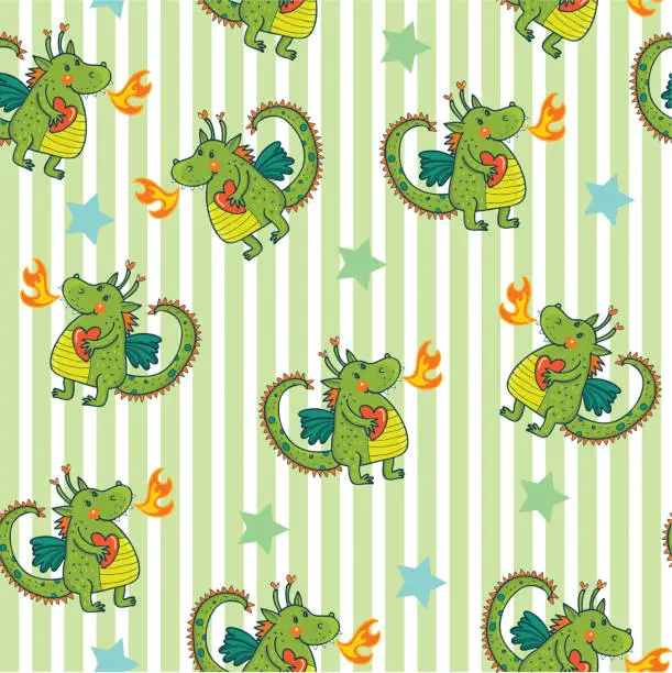 Vector illustration of cute child background with green Unique cute cartoon seamless pattern with dragon. Fantasy children's illustration