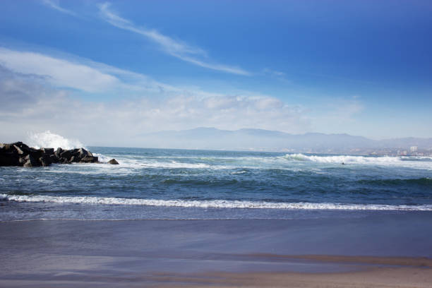 view of Venice beach California.Stormy ocean waves. beautiful seascape. big powerful tide in action.storm weather in a deep blue sea forces of nature natural disaster.