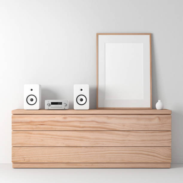 istock Poster on wooden Frame Mockup with Micro Component stereo System on shelf 875733160