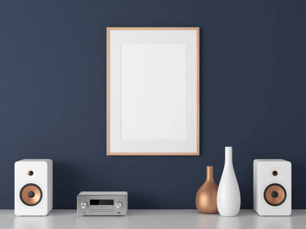 Poster with wooden Frame Mockup and Micro Component stereo System on white shelf