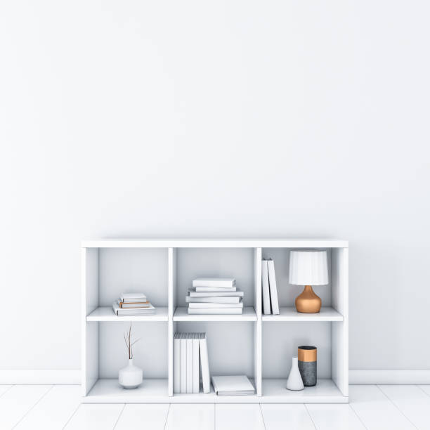 istock White room with white bookshelf, wall mockup 875733668