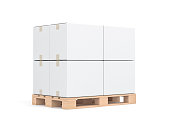 Four White cardboard boxes mockup on wooden euro pallet