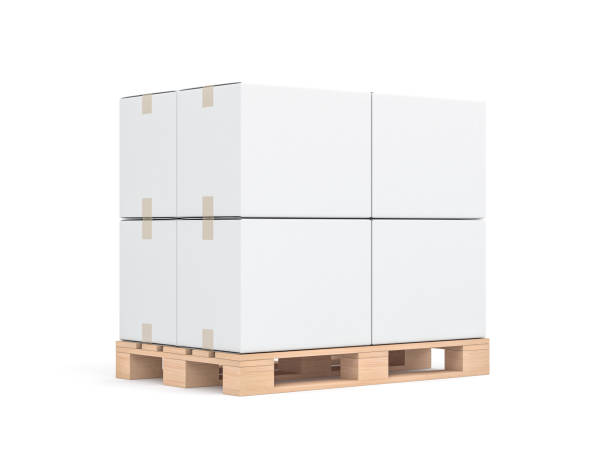 Four White cardboard boxes mockup on wooden euro pallet Four White cardboard boxes mockup on wooden euro pallet, 3d rendering pallet industrial equipment stock pictures, royalty-free photos & images