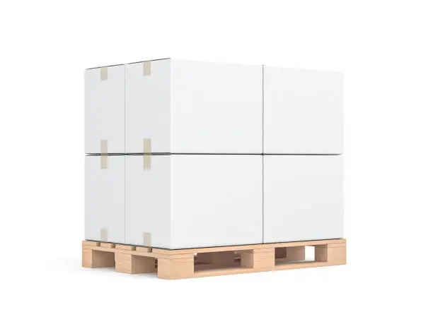 Four White cardboard boxes mockup on wooden euro pallet, 3d rendering