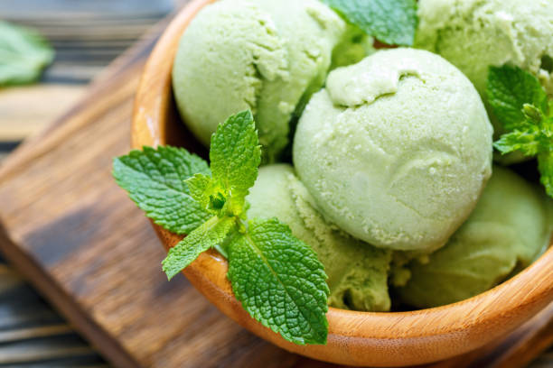 istock Balls mint ice cream and mint leaves closeup. 875739176